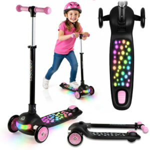 Trotinetă iluminată cu trei roți, negru-roz | Ricokids Glowi